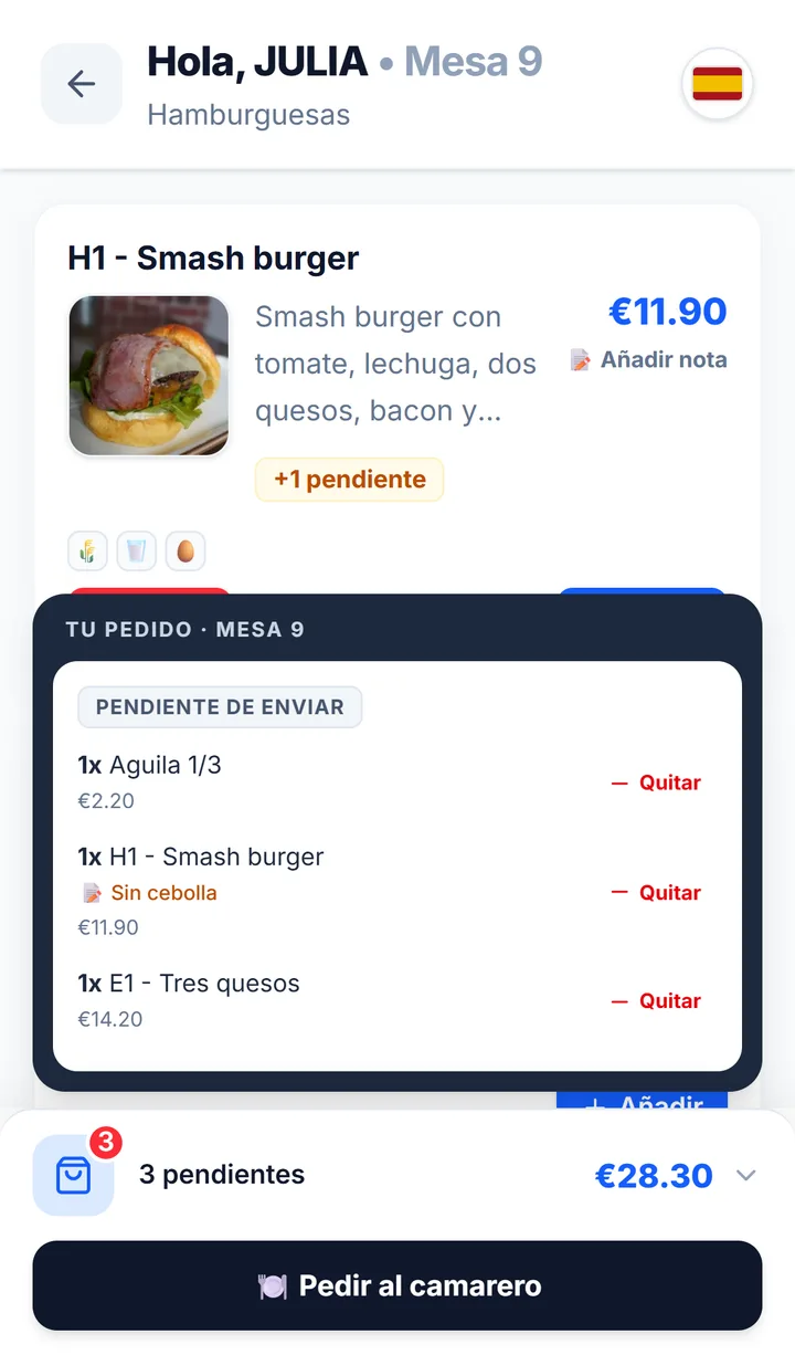 Comprobar lo pedido antes de pedirlo al camarero