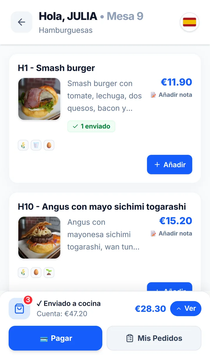 «Pedir al camarero» lo envía directo a cocina y barra